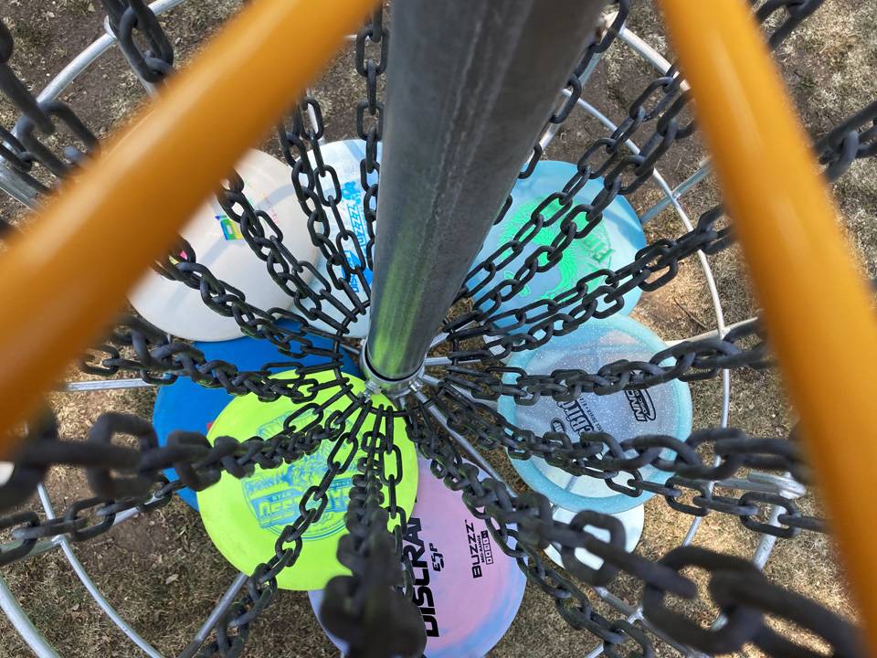 Disc Golf Scheiben in einem Korb